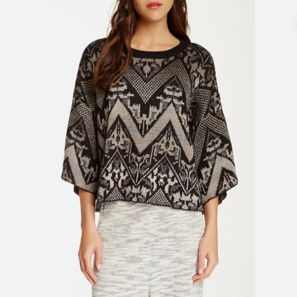 Free People Women's Superstar Cropped Boxy Pullover Sweater Black Combo - Picture 2 of 7